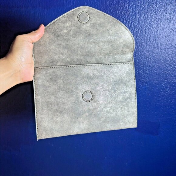 Anthropologie Grey Olive Leather Envelope Flap Pouch Clutch Purse Bag Magnetic - Picture 2 of 8